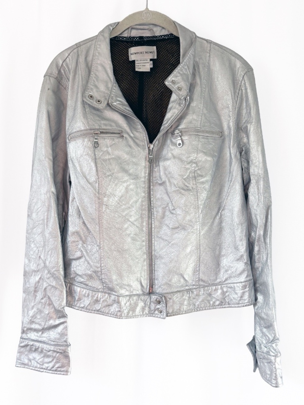 Vintage Y2K Silver Leather Moto Jacket Newport News 12
